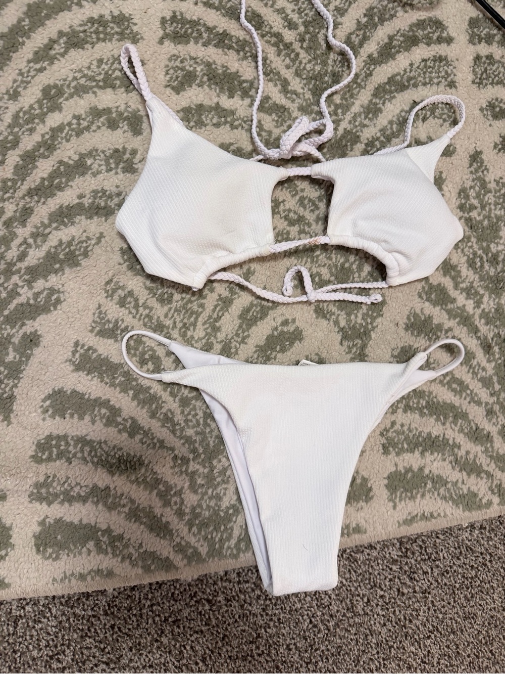 Zaful White Ribbed Cut-Out Braided Tie Bikini Set